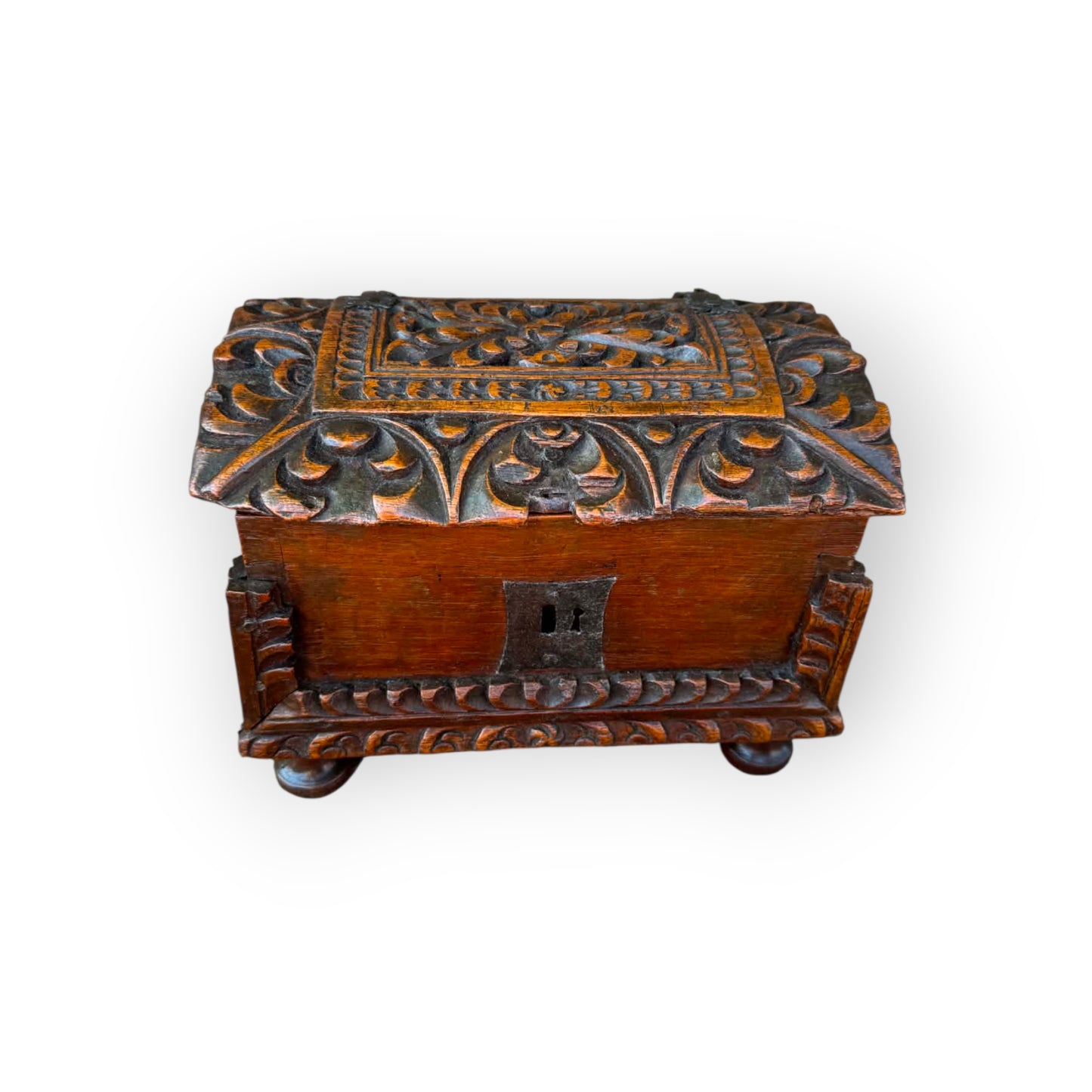 A Rare 17th Century Continental Antique Carved Walnut Table Casket with Original Ironwork, circa 1650