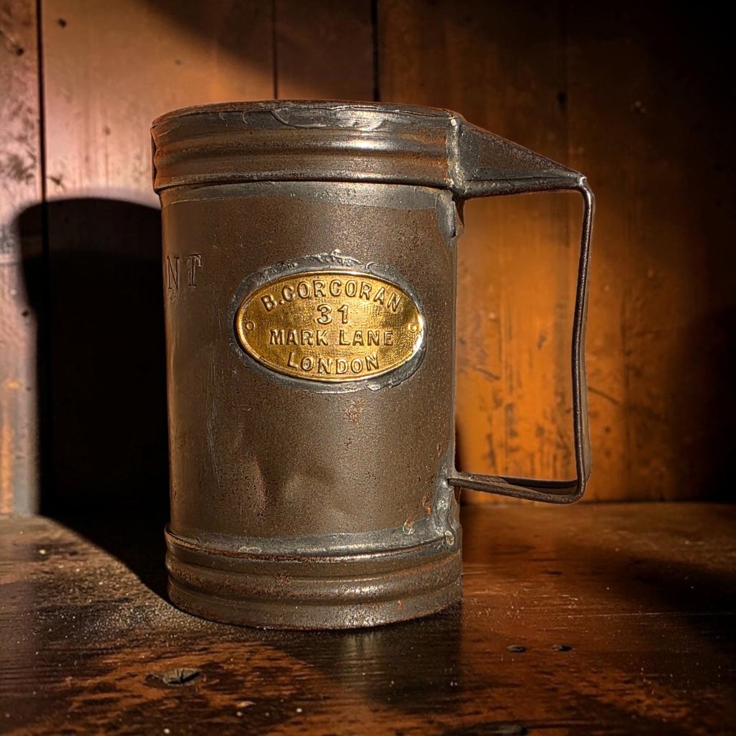 19thC Antique Toleware / Tin Half-Pint Grain / Corn Measure Stamped "Bryan Corcoran Ltd"