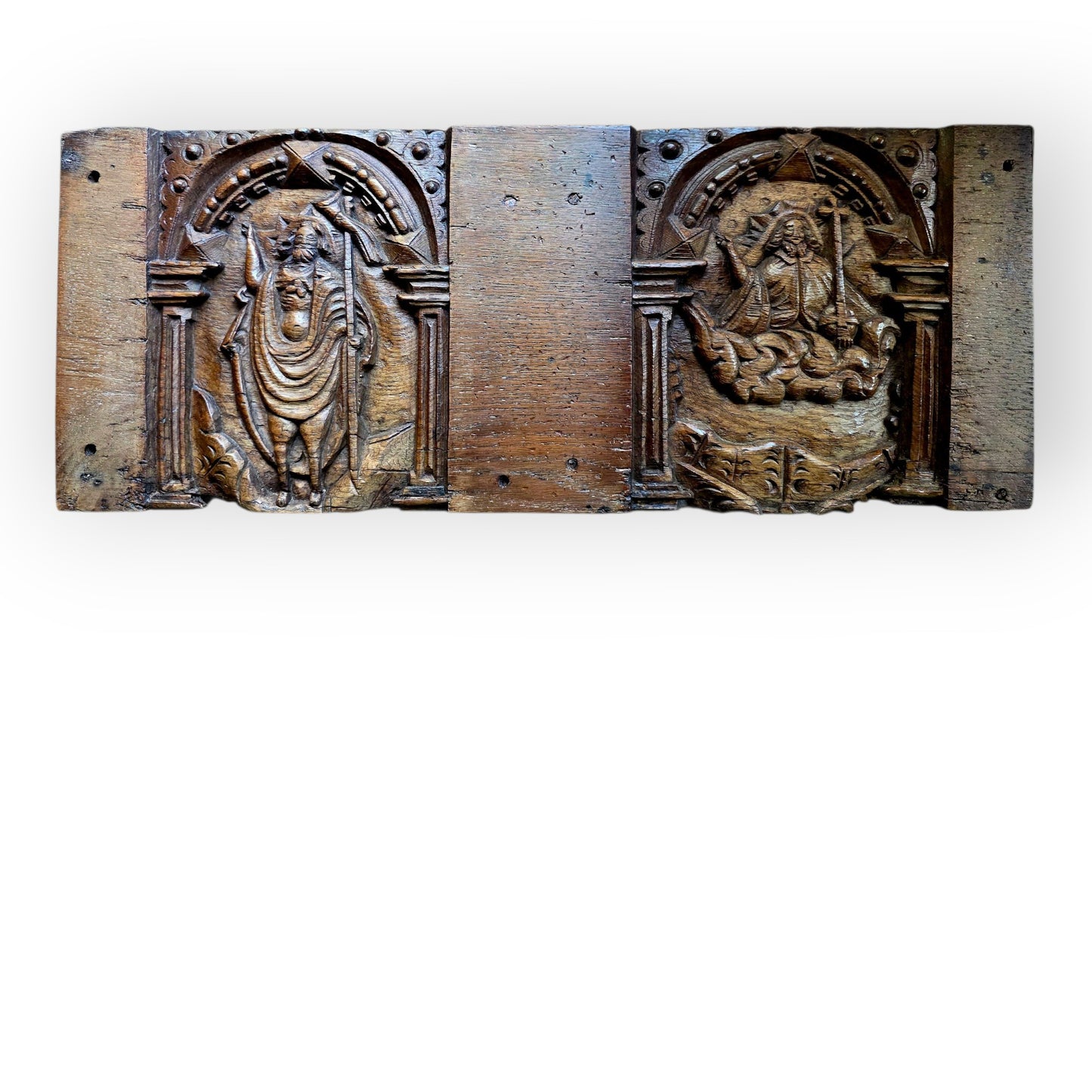 A Rare 16th Century Flemish Carved Oak Double Panel Depicting The Risen Christ & Christ In Majesty, Circa 1550–1600