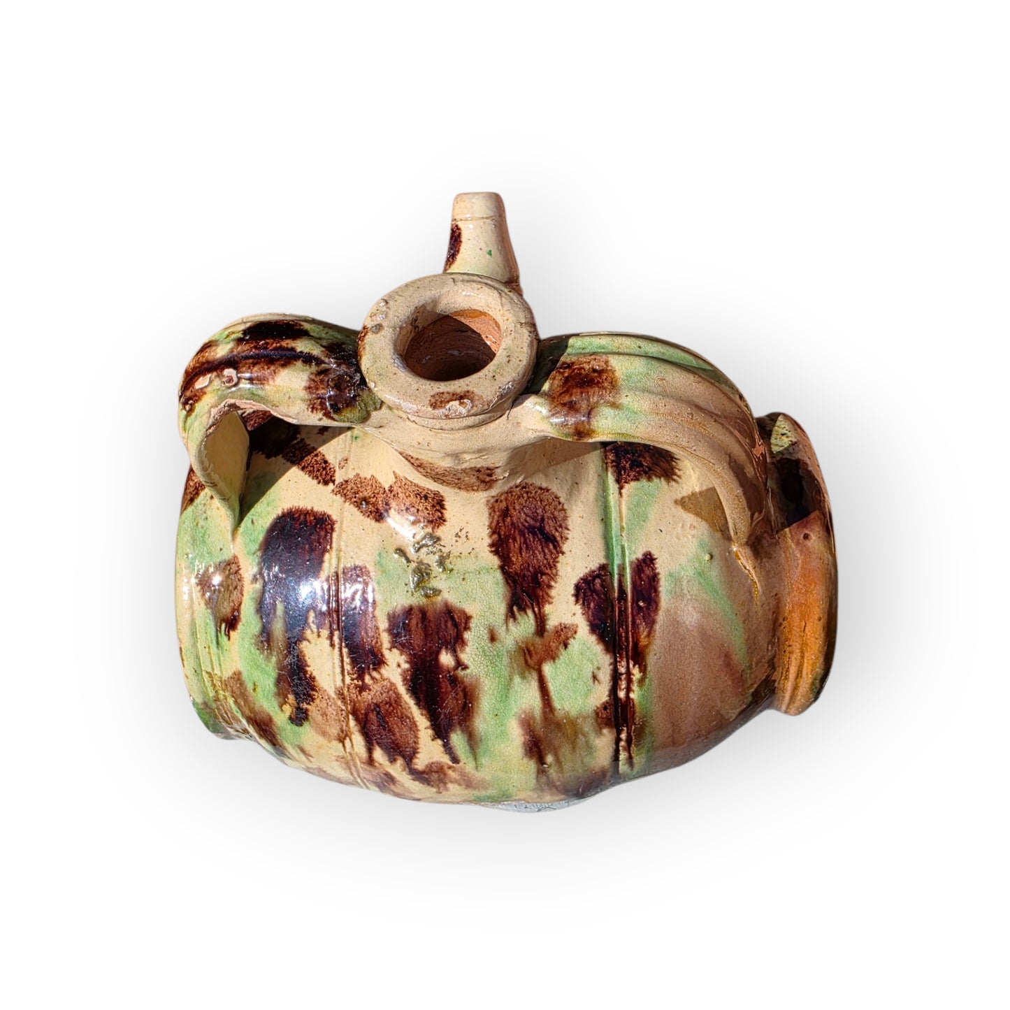 A Rare 17th Century French Saintonge Lead-Glazed Earthenware Costrel, Attributed to La Chapelle-des-Pots, With Applied Mask and Eagle Medallions, Circa 1600-1650