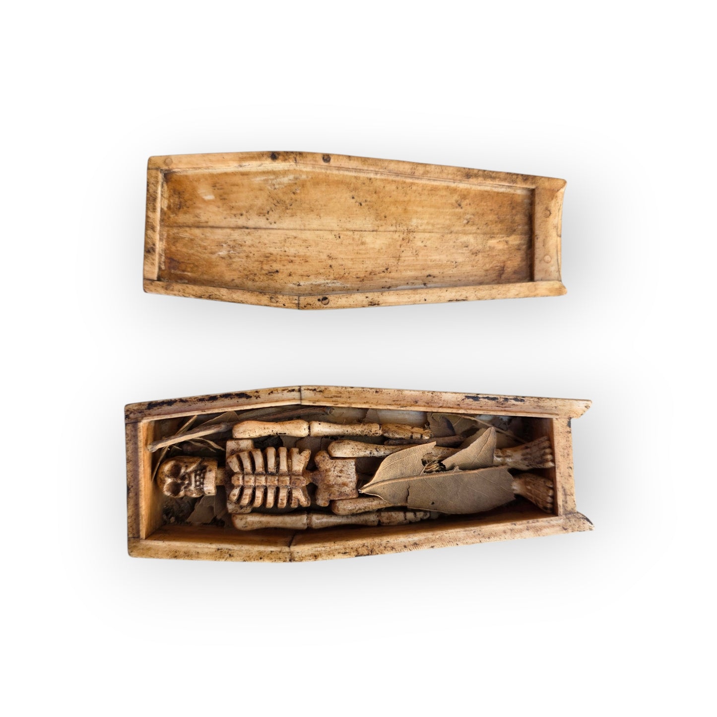 Rare Georgian Antique Bone Memento Mori — Articulated Skeleton in Bone Coffin, English, c.1750–1820
