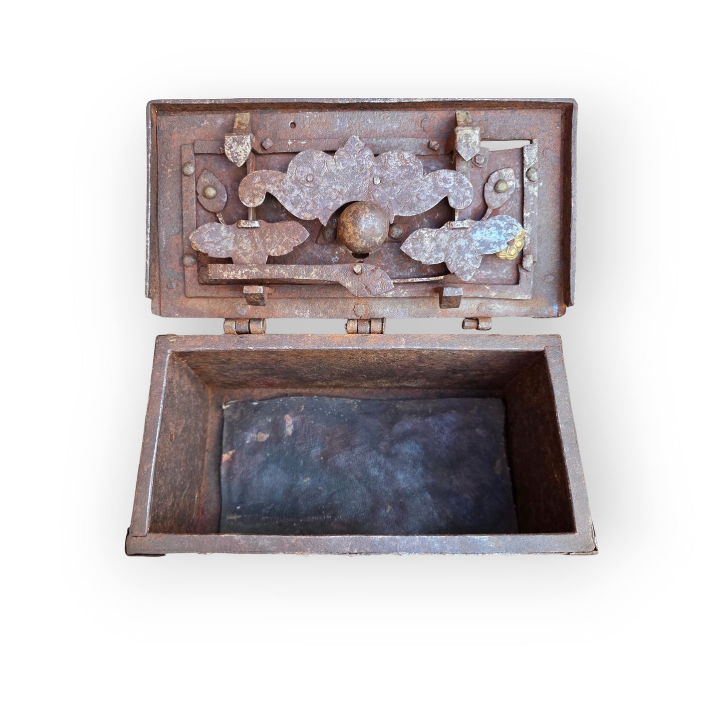 Interior view of the open casket showing the lock mechanism and base