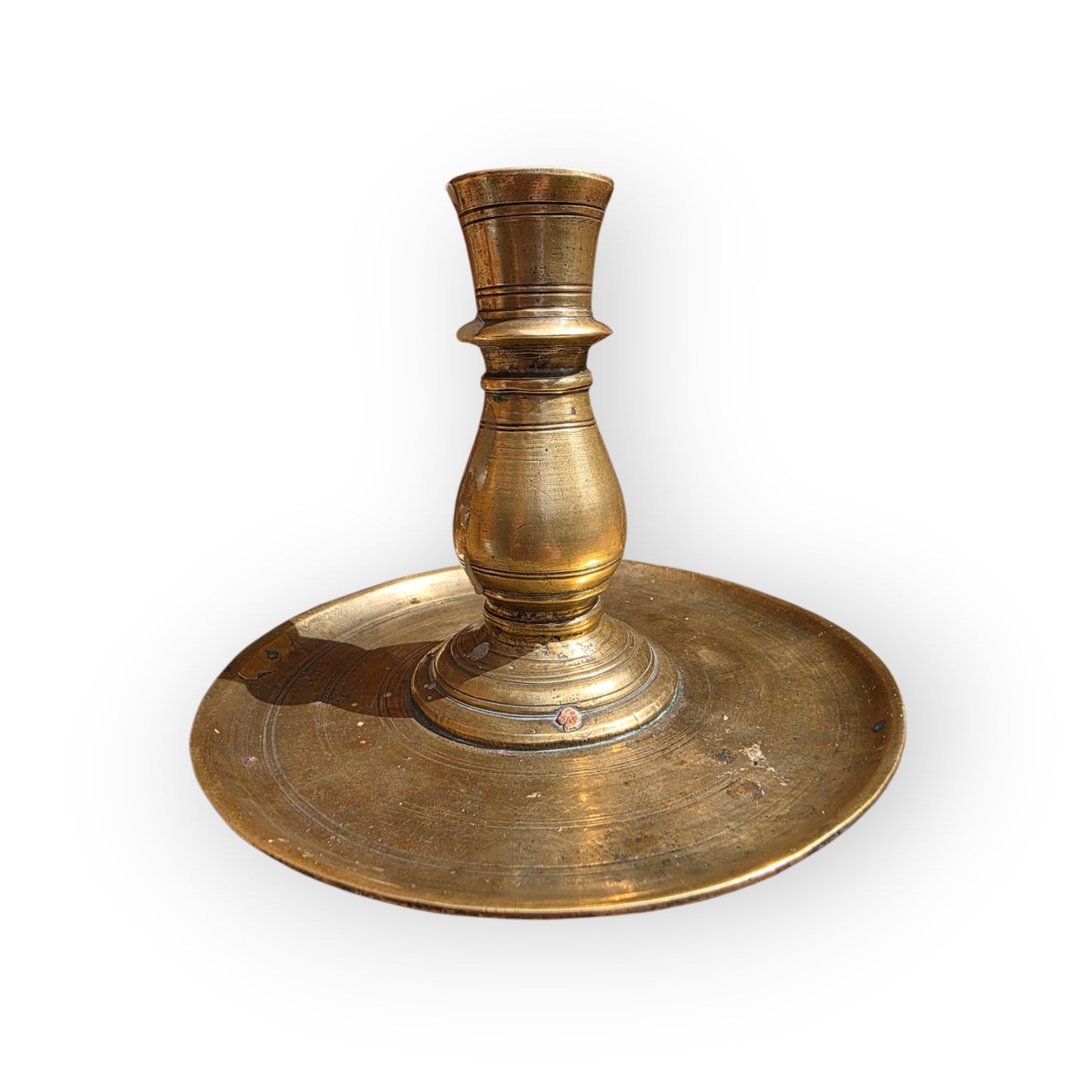 Rare 17th Century Spanish Antique Brass Disc-Base Candlestick, circa 1650–1700