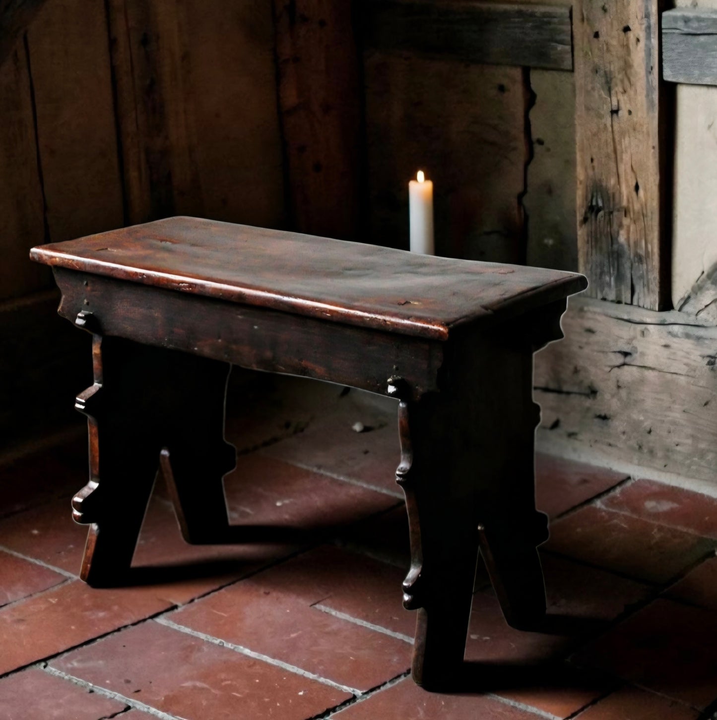 16th Century English Gothic Antique Elm Boarded Stool, with Witch Mark / Apotropaic Mark