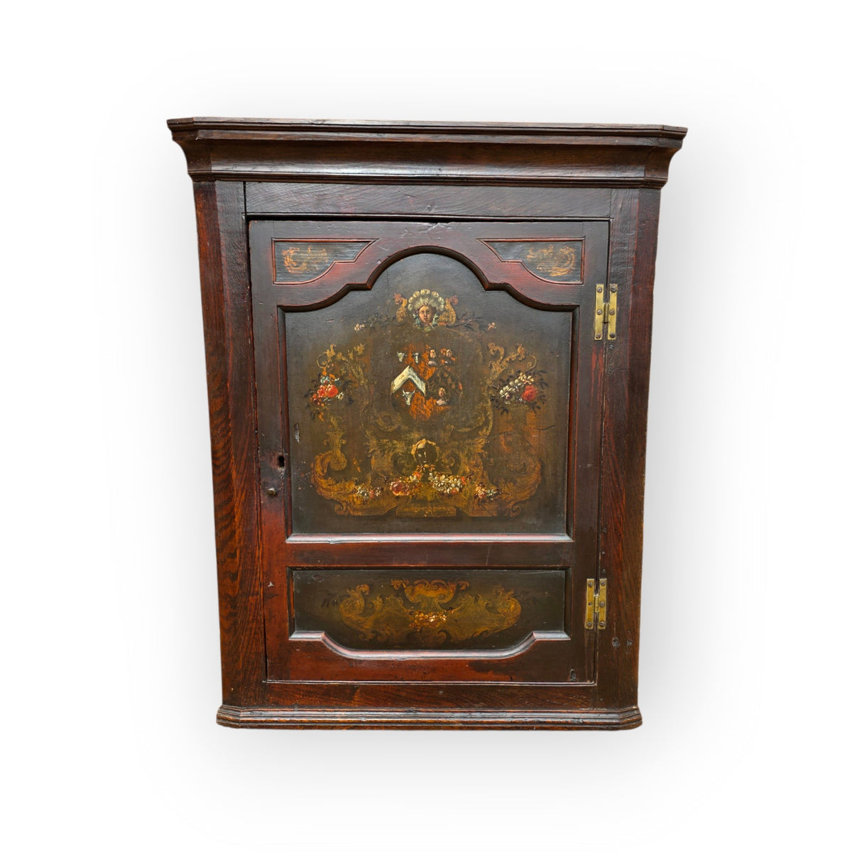 A Mid-18th-Century Welsh Antique Oak Hanging Corner Cupboard with Armorial Painted Door, c.1750–1770, The Armorial Panel Representing The Bulkeleys of Anglesey & The Williams Family of North Wales