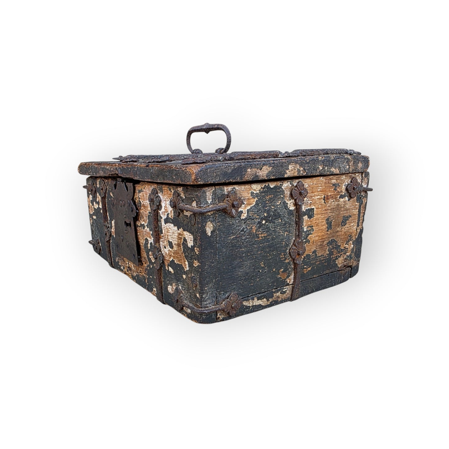 A Time-Worn Diminutive 16th/Early 17th Century Antique Iron-Bound Missal Box or Coffrets de Messager with Traces of Original Paint, Probably German or French