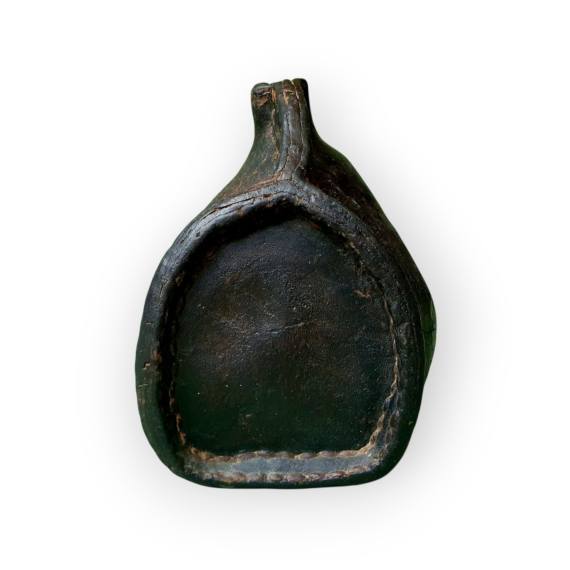Side view of the leather costrel showing the narrow neck and stitched seam construction