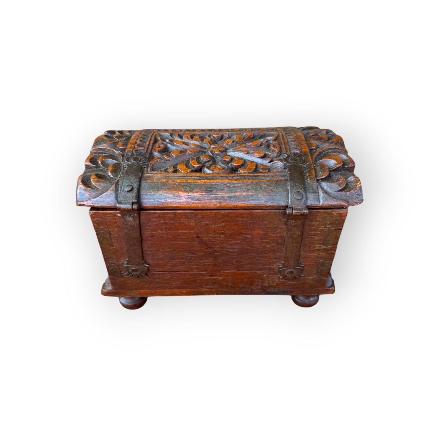 A Rare 17th Century Continental Antique Carved Walnut Table Casket with Original Ironwork, circa 1650