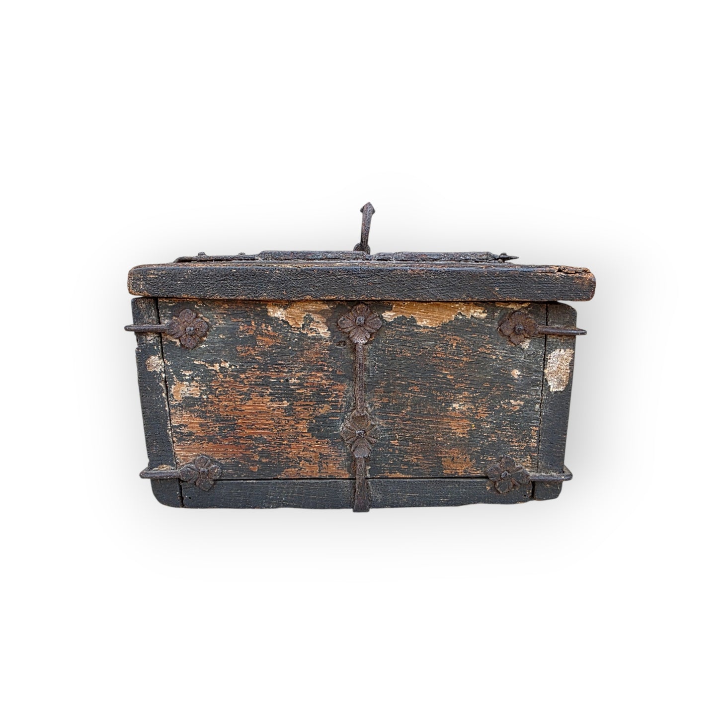 A Time-Worn Diminutive 16th/Early 17th Century Antique Iron-Bound Missal Box or Coffrets de Messager with Traces of Original Paint, Probably German or French