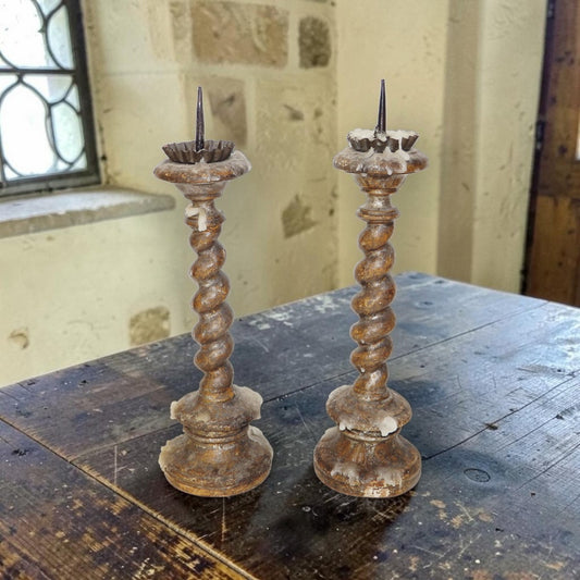 A Pair of 18th Century Continental Antique Giltwood and Silvered Wood Spiral-Twist Pricket Candlesticks, Probably Italian or Iberian