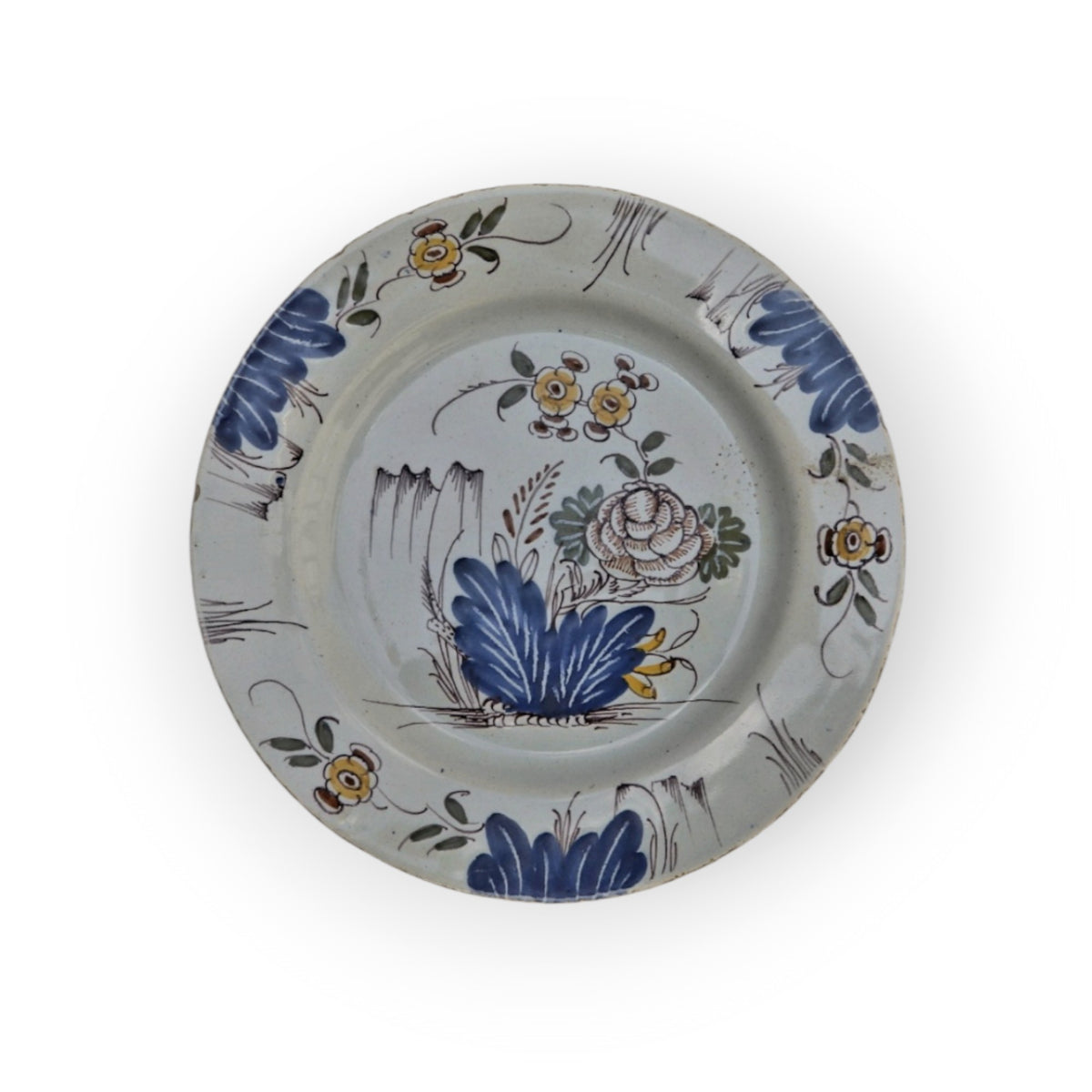 Rare Set of Four Mid 18th Century Antique Delft Plates, Liverpool, Fazackerley Palette, C.1760