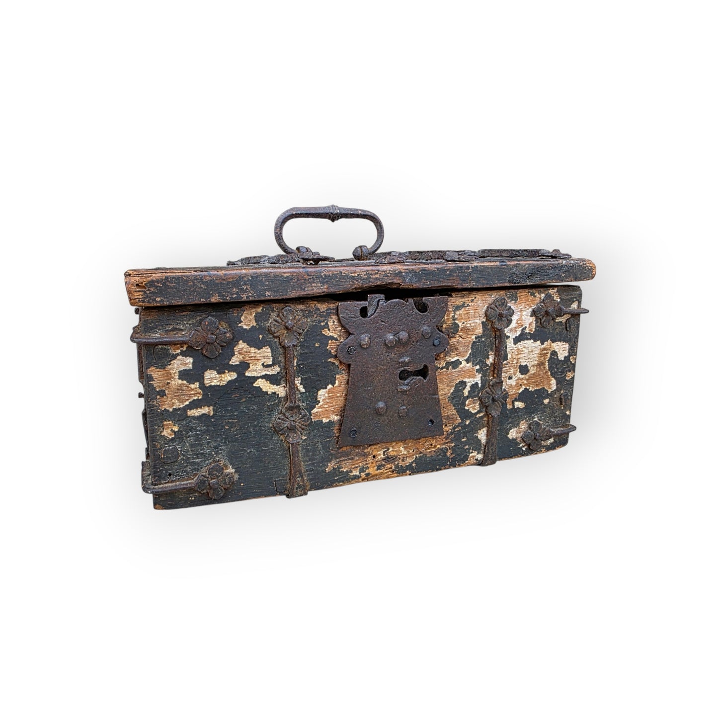 A Time-Worn Diminutive 16th/Early 17th Century Antique Iron-Bound Missal Box or Coffrets de Messager with Traces of Original Paint, Probably German or French
