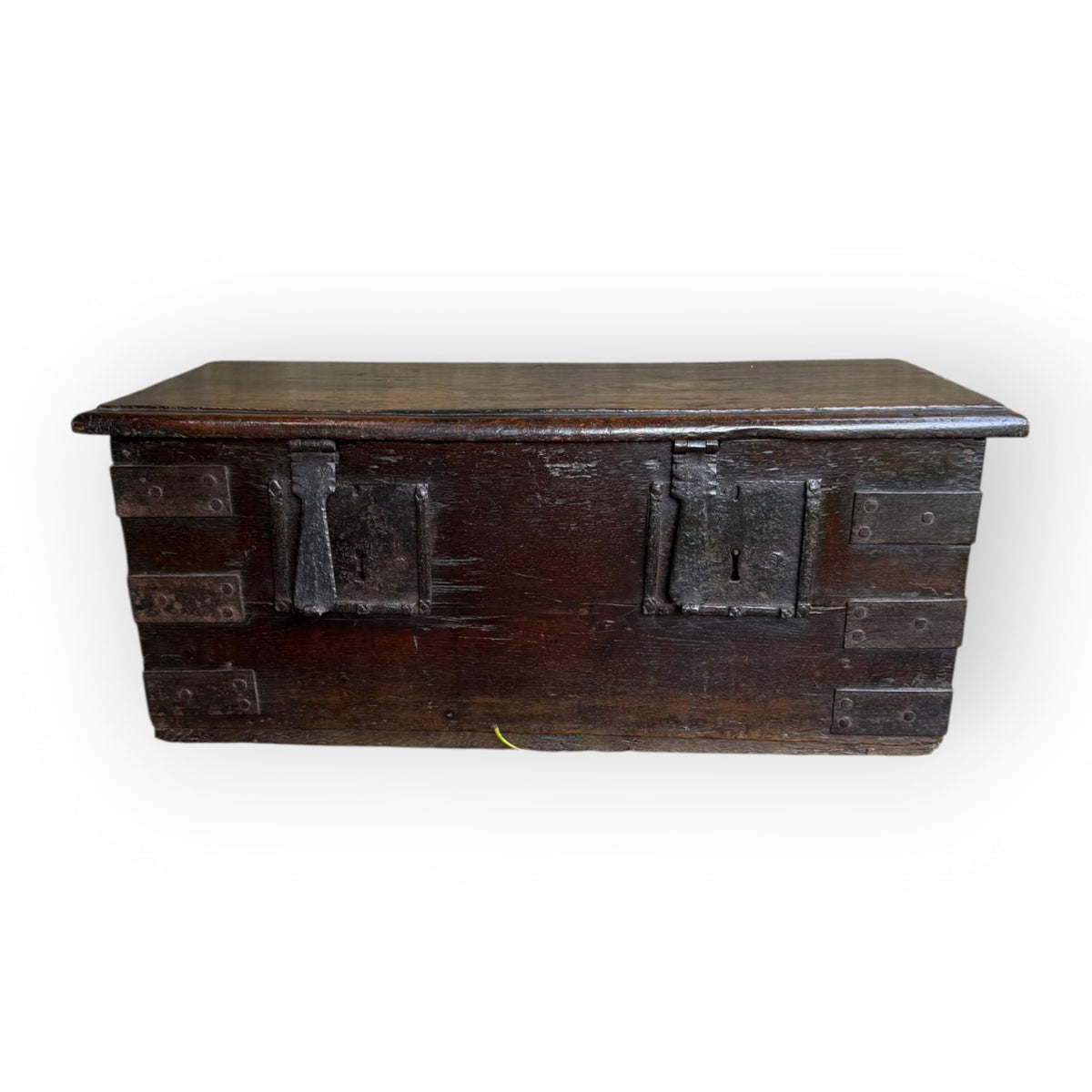 Early 17th Century Antique Oak & Iron Strong Box With Twin Locks