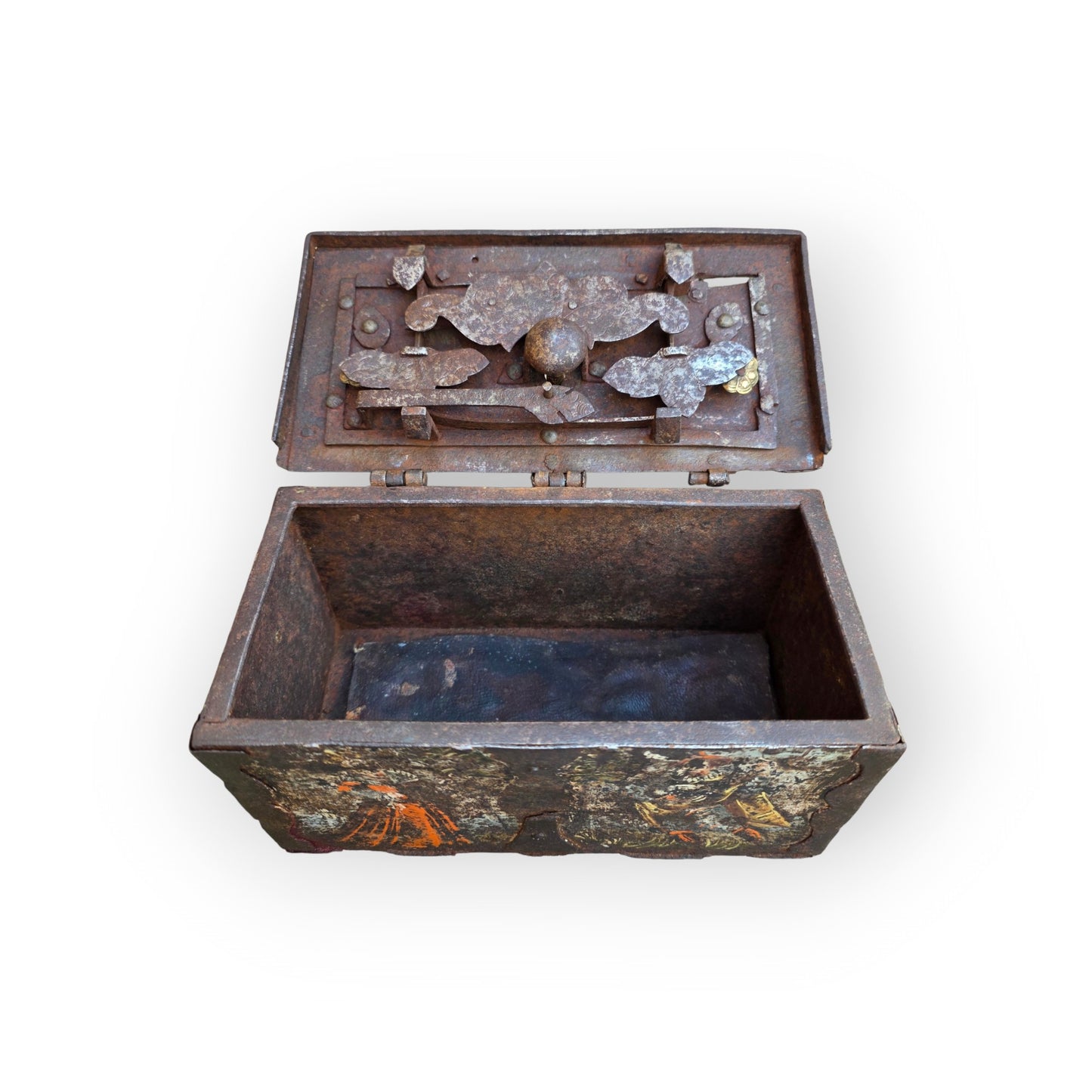 Interior of the Nuremberg casket with the lid open, showing the lock mechanism and plain interior