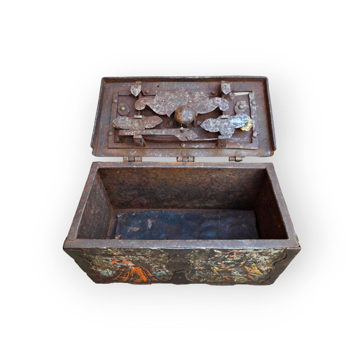 Interior of the Nuremberg casket with the lid open, showing the lock mechanism and plain interior