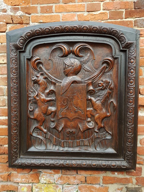 Large and Impressive Late 17th Century French Antique Carved Walnut Overmantel with Armorial Crest