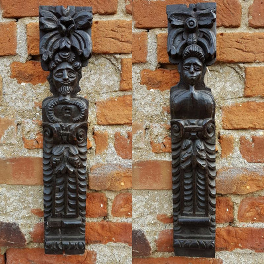 Pair of Late 16th Century Elizabethan Period English Antique Carved Oak Terms / Carved Oak Panels