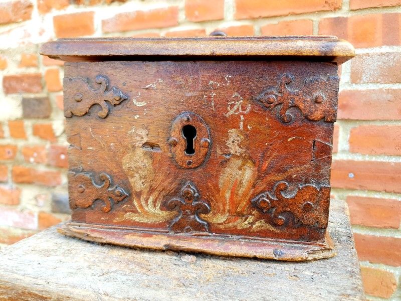 17th Century French Antique Alms Box or Offertory Box with Original Polychromy Depicting Two Figures in Purgatory