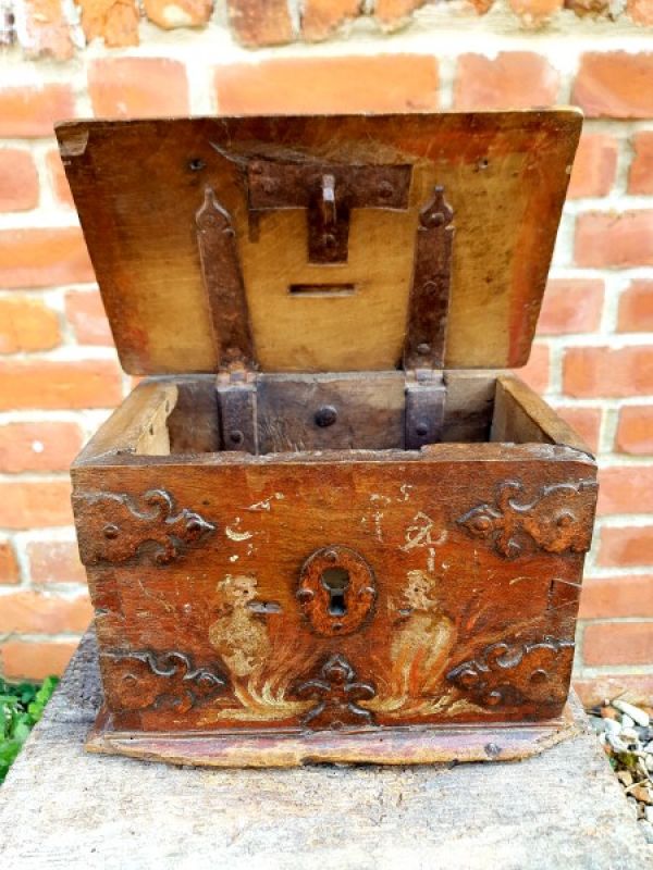 17th Century French Antique Alms Box or Offertory Box with Original Polychromy Depicting Two Figures in Purgatory