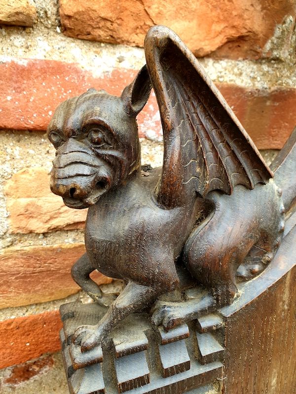 Ex Great St. Mary's Church, Cambridge - A Fine 16th Century Style, Mid-19th Century Made, English Antique Carved Oak Church Pew End with Poppy Finial and Dragon-Carved Elbow