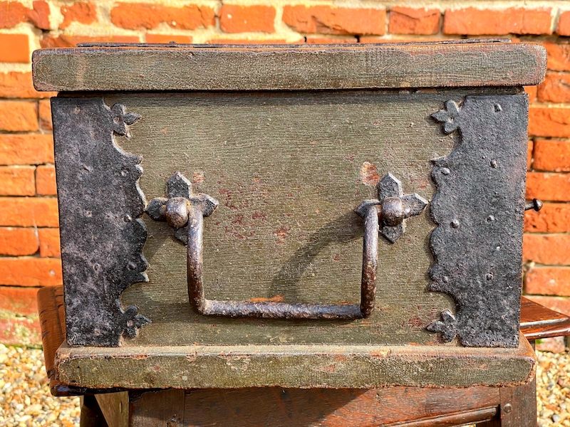 Early 17th Century Dutch Antique Painted Table Top Box with Two Lock Plates