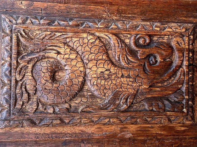 Pair of Early 17th Century Antique Carved Oak Panels Depicting Stylised Mythical Beasts