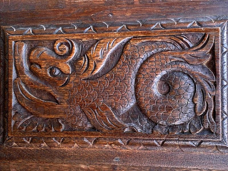 Pair of Early 17th Century Antique Carved Oak Panels Depicting Stylised Mythical Beasts