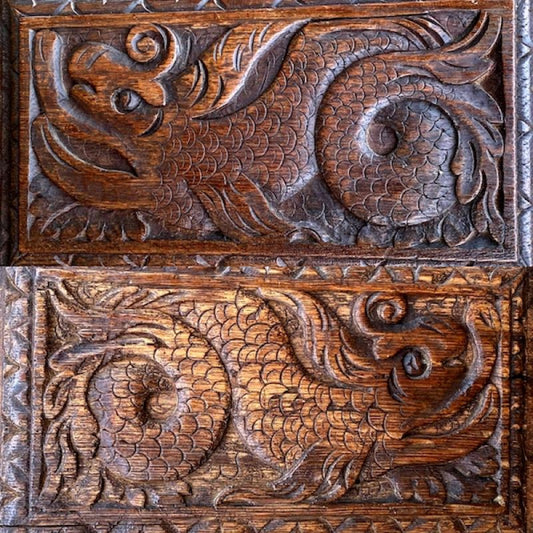 Pair of Early 17th Century Antique Carved Oak Panels Depicting Stylised Mythical Beasts