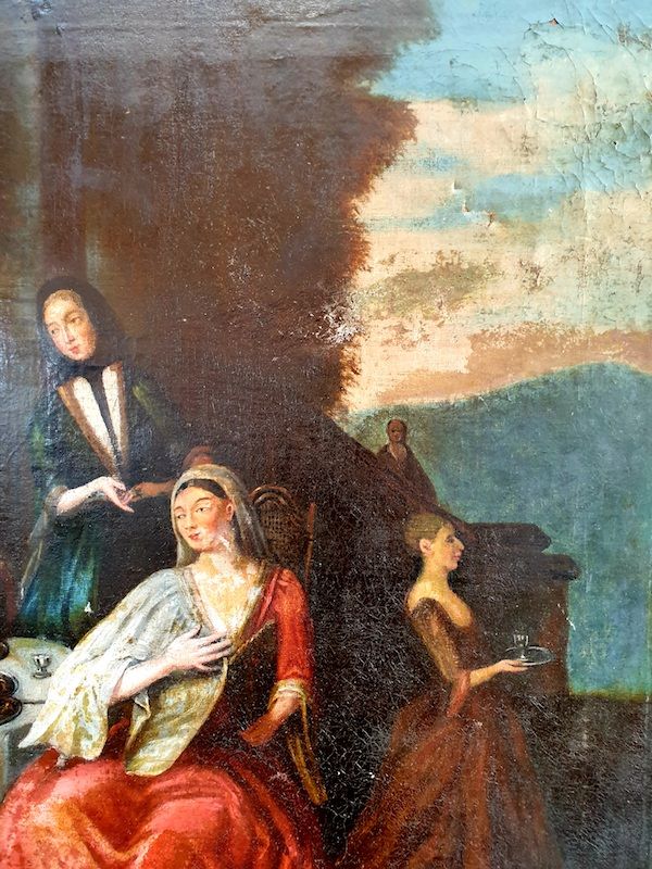 Early 18th Century English School Antique Oil on Canvas Depicting A Family Group Portrait in Attic Found Condition