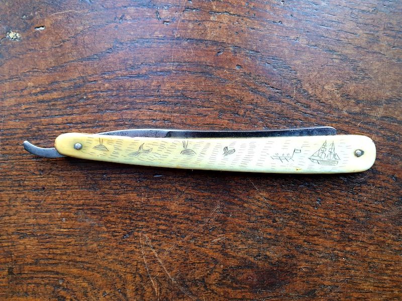 19th Antique Straight Razor or Cut Throat Razor With Scrimshaw Decorated Bone Handle