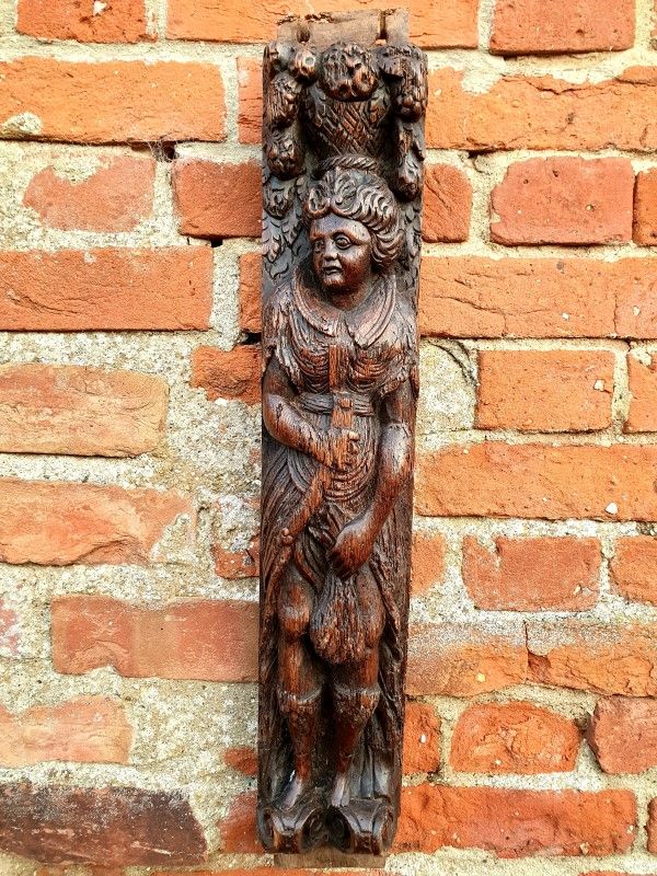 Large & Impressive 17th Century Antique Carved Oak Panel Depicting a Female Figure Holding a Cut Throat Razor