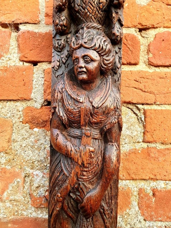 Large & Impressive 17th Century Antique Carved Oak Panel Depicting a Female Figure Holding a Cut Throat Razor