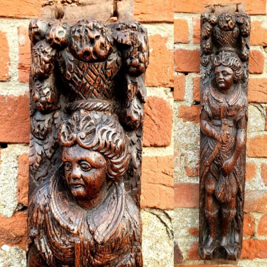 Large & Impressive 17th Century Antique Carved Oak Panel Depicting a Female Figure Holding a Cut Throat Razor