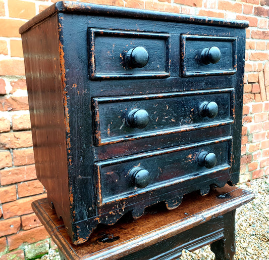 Late 18th Century Welsh Antique Pine Table Top Miniature Chest of Drawers or Apprentice Piece in Original Paint