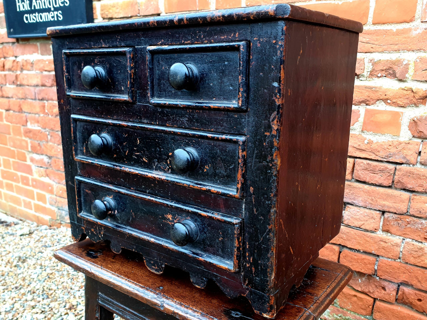 Late 18th Century Welsh Antique Pine Table Top Miniature Chest of Drawers or Apprentice Piece in Original Paint