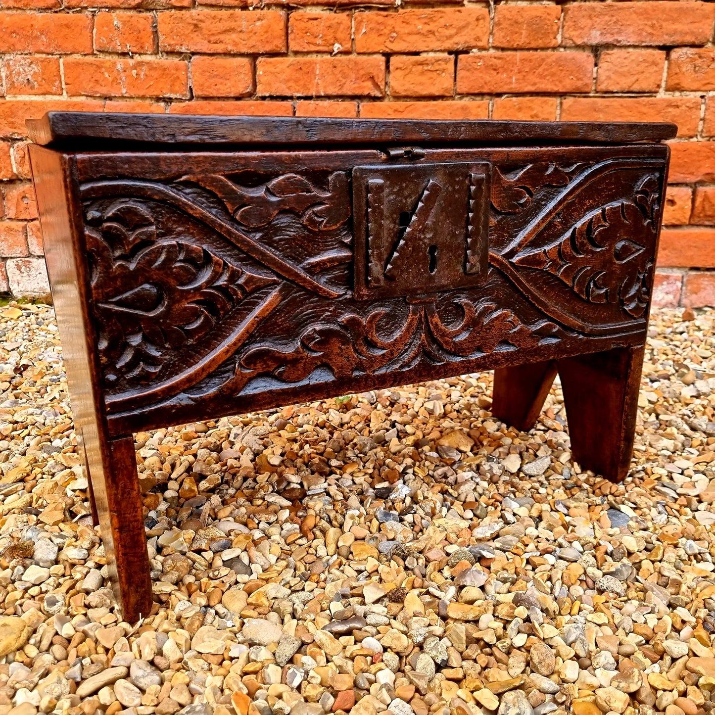 Diminutive Late 16th Century English Antique Oak Child's Six Plank Coffer or Boarded Chest