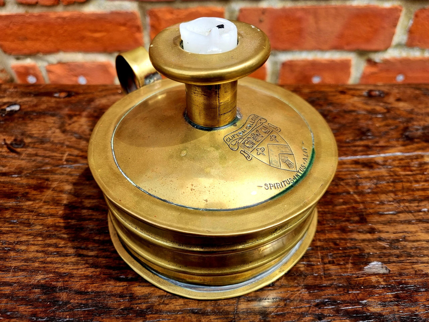 Mid 19th Century English Antique Brass Tinder Box Engraved With The Coat of Arms of Clifton College, Bristol, England