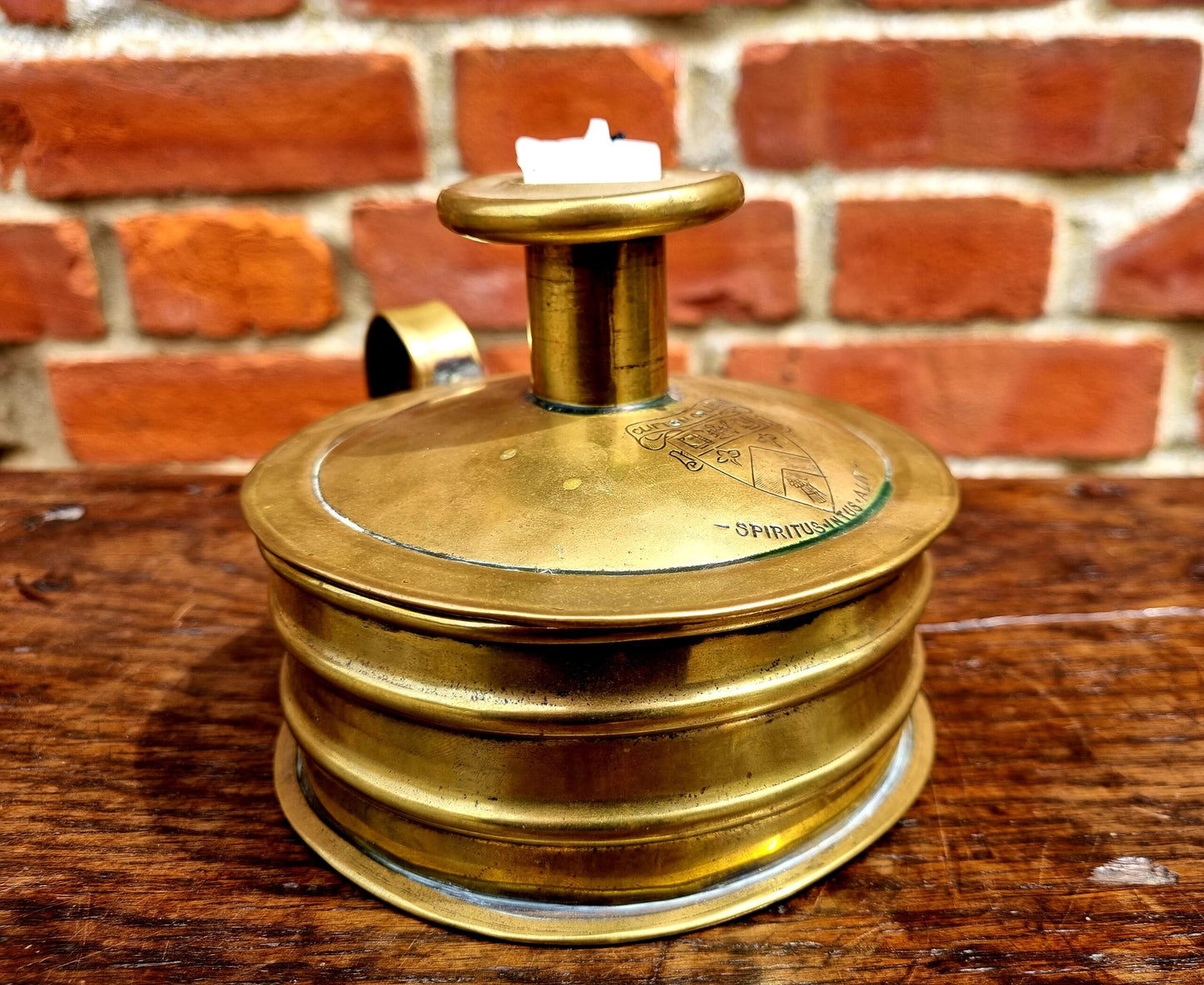 Mid 19th Century English Antique Brass Tinder Box Engraved With The Coat of Arms of Clifton College, Bristol, England