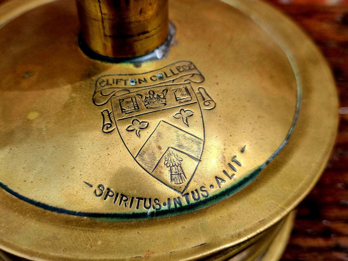 Mid 19th Century English Antique Brass Tinder Box Engraved With The Coat of Arms of Clifton College, Bristol, England
