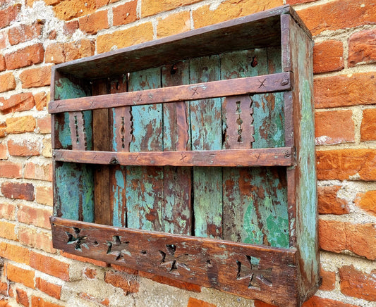 A Diminutive 18thC Primitive Antique Spice Rack or Plate Rack in Original Paint