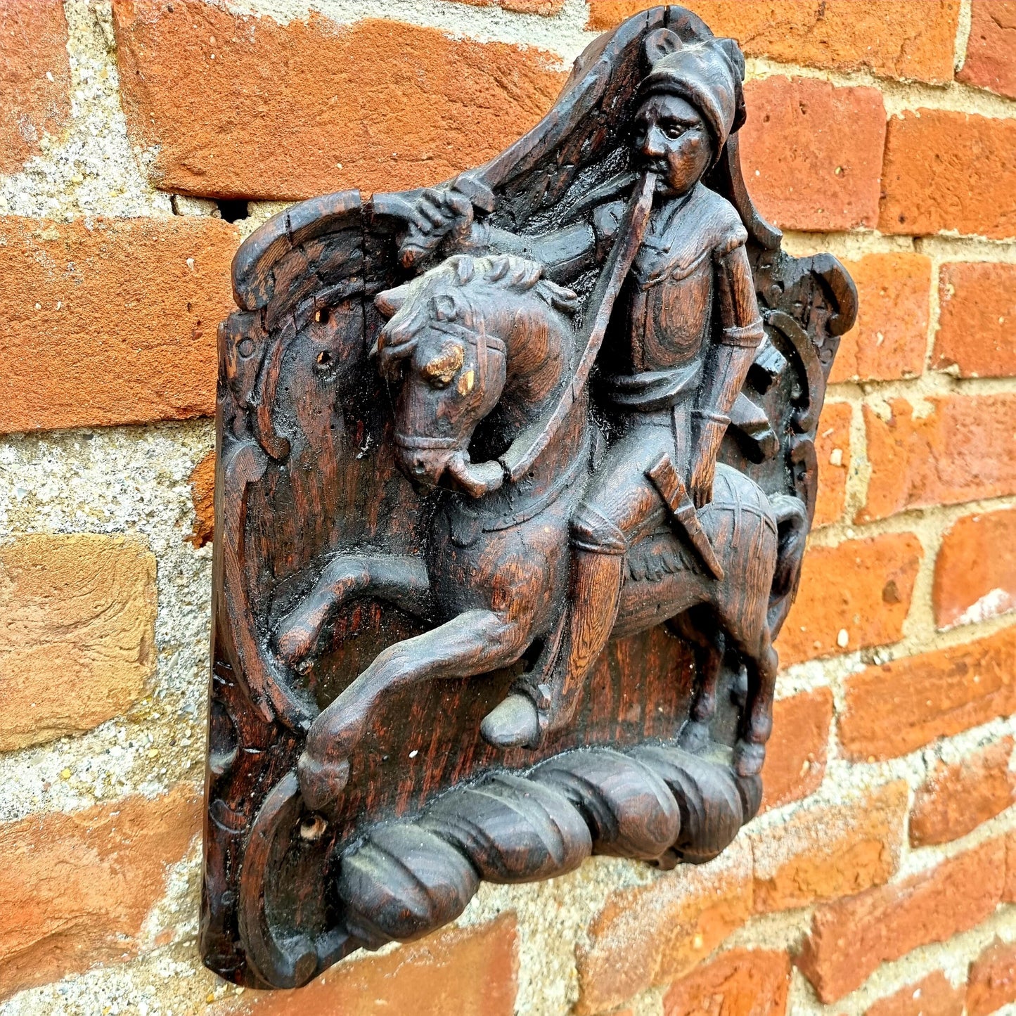 Late 18thC / Early 19thC English Antique Wood Carving Depicting a Knight on Horseback