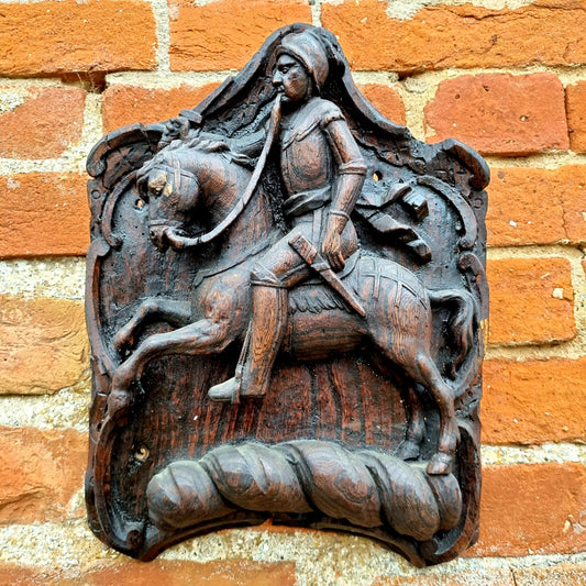 Late 18thC / Early 19thC English Antique Wood Carving Depicting a Knight on Horseback