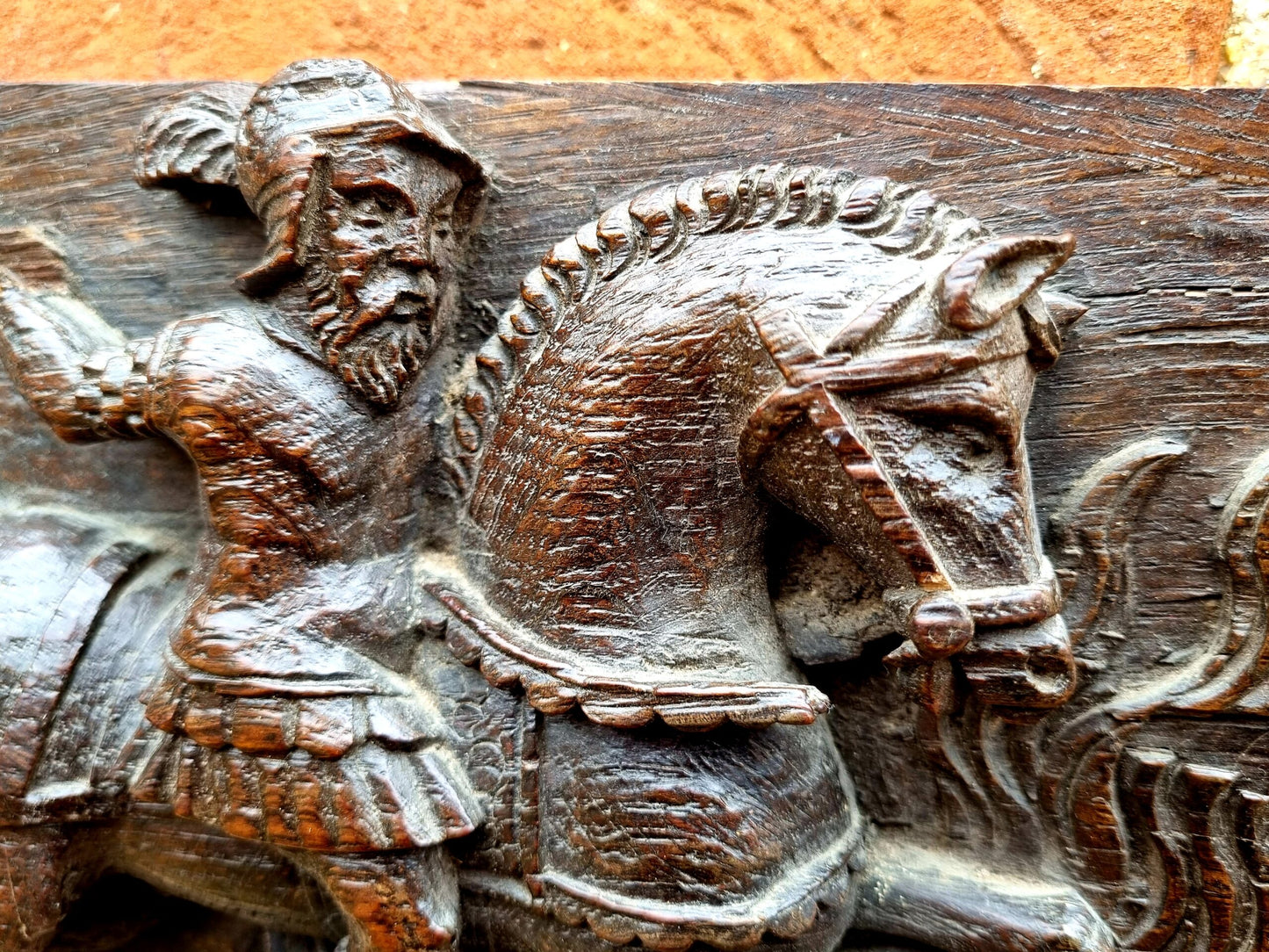 Early 17thC Flemish Antique Carved Oak Panel Depicting a Classical Soldier Riding Upon a Horse