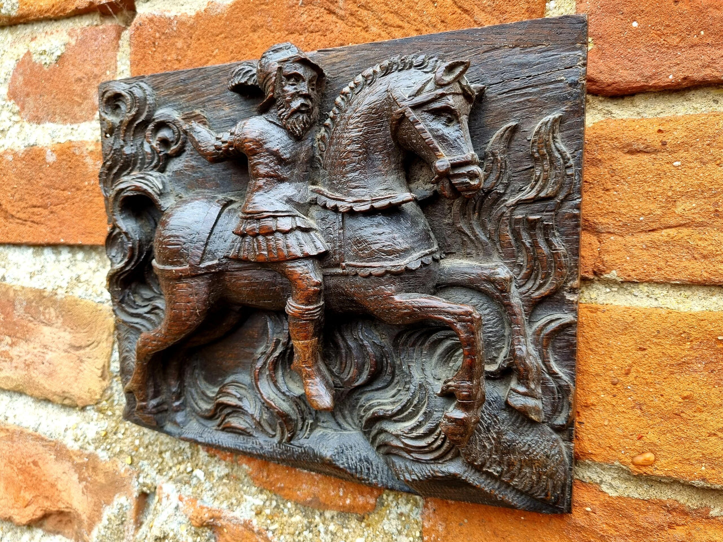 Early 17thC Flemish Antique Carved Oak Panel Depicting a Classical Soldier Riding Upon a Horse