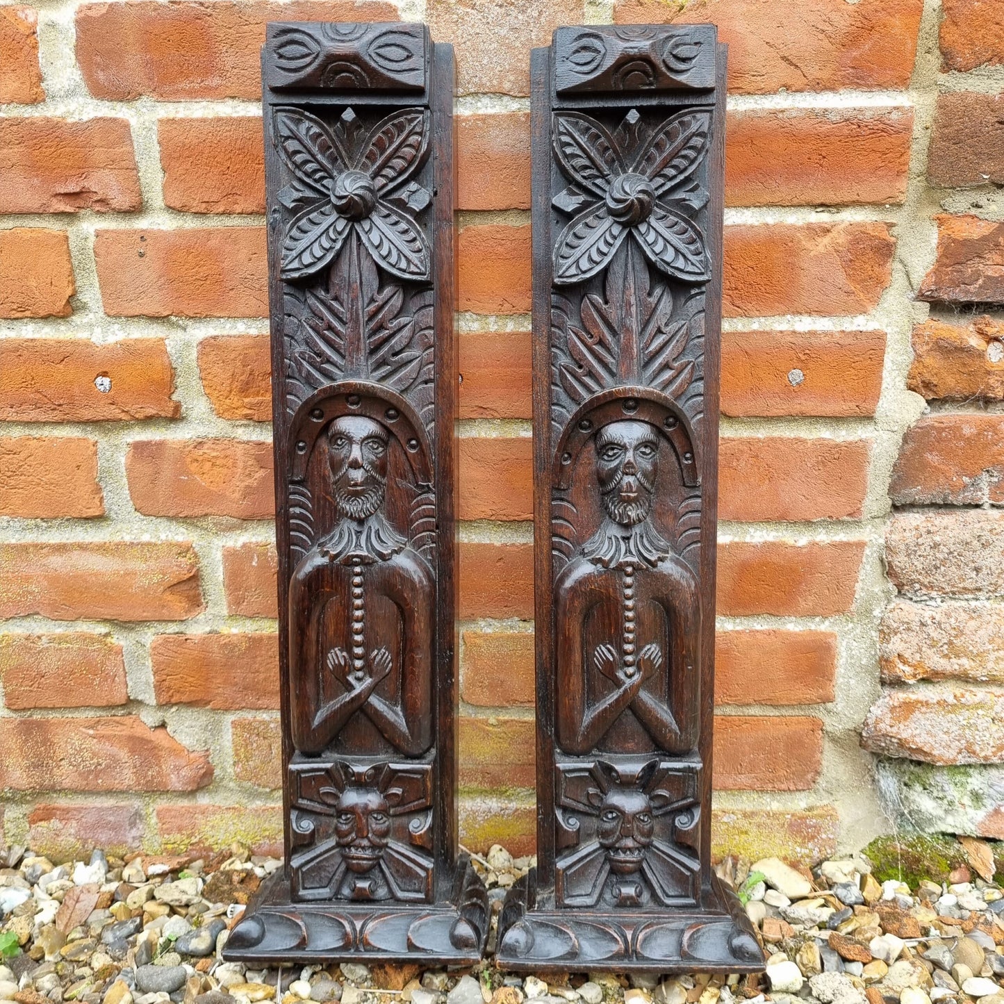 Pair of Late 16th Century English Antique Carved Oak Terms / Carved Oak Panels