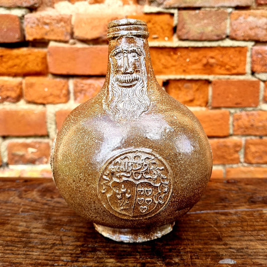 Rare Late 16th Century German Antique Stoneware Bellarmine Jug or Bartmannkrug, Dated 1599