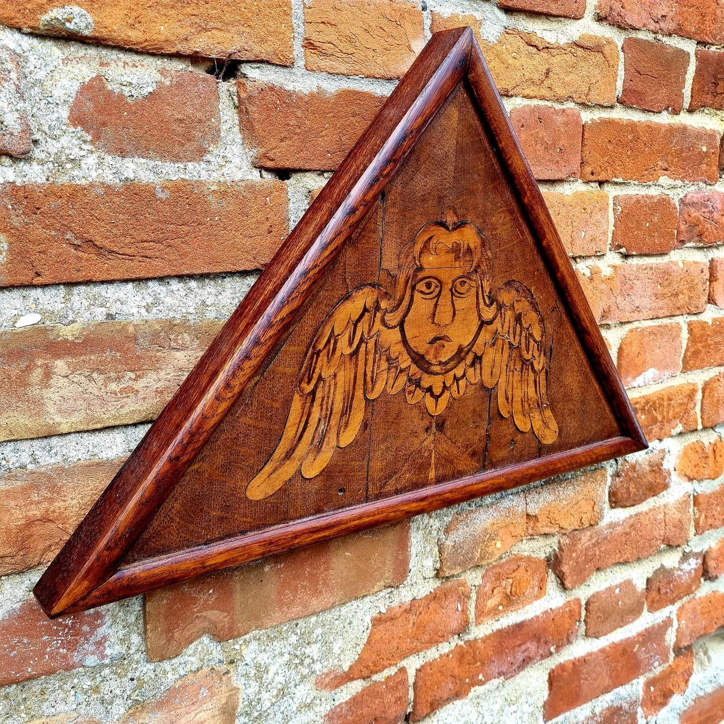 Early 18th Century Antique Oak Panel with Inlaid Veneer Depicting a Winged Angel