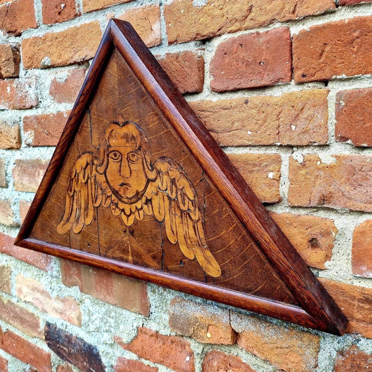 Early 18th Century Antique Oak Panel with Inlaid Veneer Depicting a Winged Angel