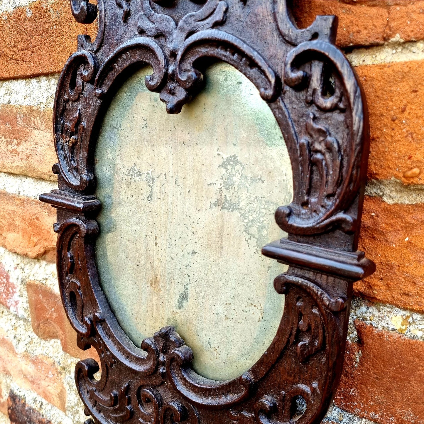 Early 18th Century German Antique Carved Oak Mirror Frame With Original Mercury Glass Plate