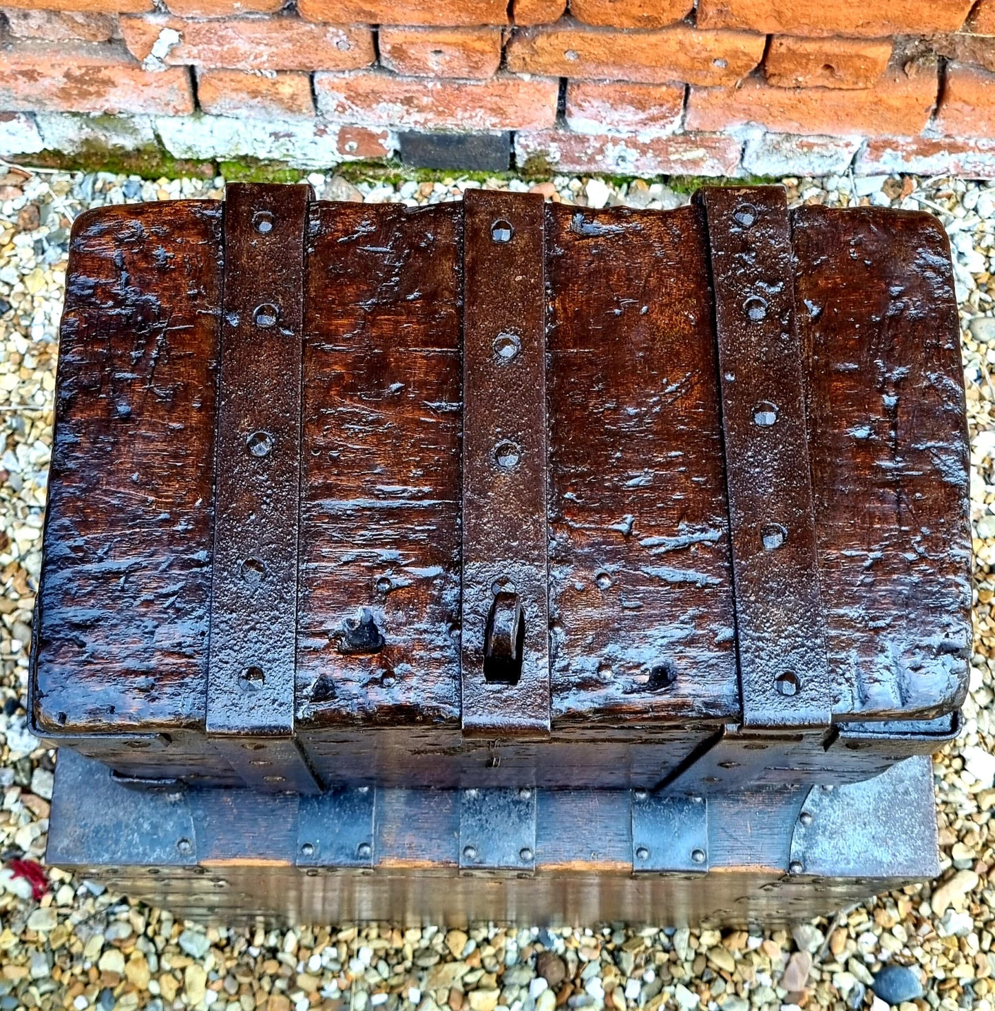 Late 15th Century Antique Oak Strong Box or Alms with Original Ironwork and Iron Bindings